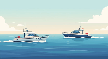 Naklejka premium Two motor yachts cruise across the calm blue ocean under a cloudy sky