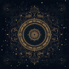 Ornate gold mandala design on dark background, cosmic dust effect