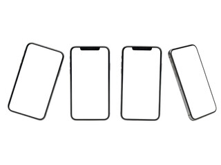 Four smartphones with different screen orientations isolated on transparent background