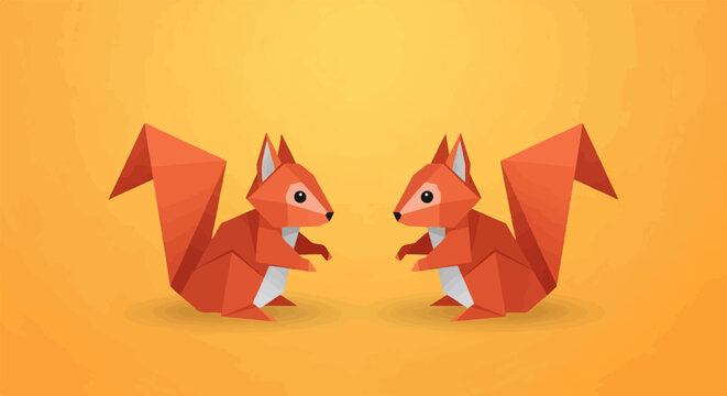 Two origami-style squirrels facing each other on a warm orange background
