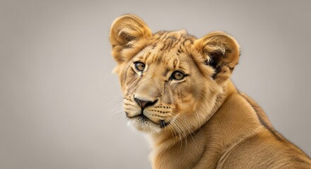 Obraz premium Close-up portrait of a young lion looking directly at the camera with a soft, neutral background.