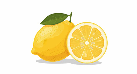 Two bright yellow lemons, one whole with a green leaf, and one sliced in half