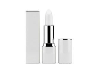 A white lipstick with silver accents and packaging isolated on transparent background