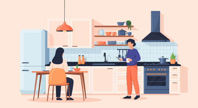 Two people in a stylized kitchen setting, one seated at a table, the other standing with a drink