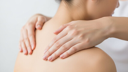 Fototapeta premium Gentle shoulder massage therapy performed with soft hands, light skin tones against a neutral background, promoting relaxation and well-being