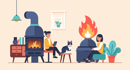 Fototapeta na wymiar Two people and a cat relax by a fireplace and a grill indoors