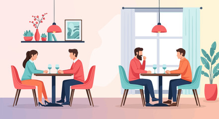 Two couples dining at separate tables inside a restaurant with plant decor