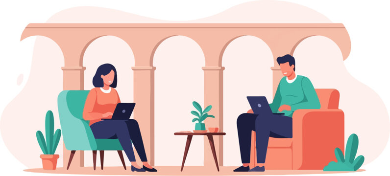 Two people in comfortable seating, using laptops under an archway