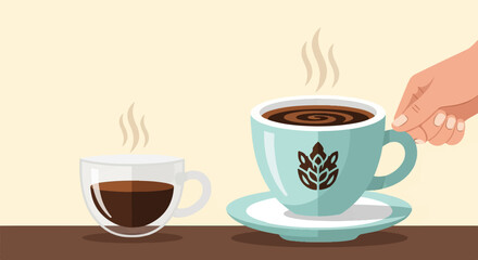 Obraz premium Two cups of hot coffee, one glass and one ceramic, are on a table