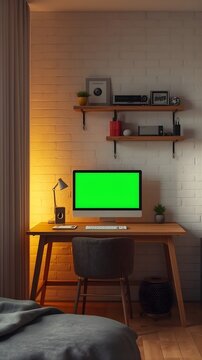 A warm and inviting home office or bedroom workspace featuring a minimalist setup with a simple wooden desk and a modern computer displaying a solid green screen.