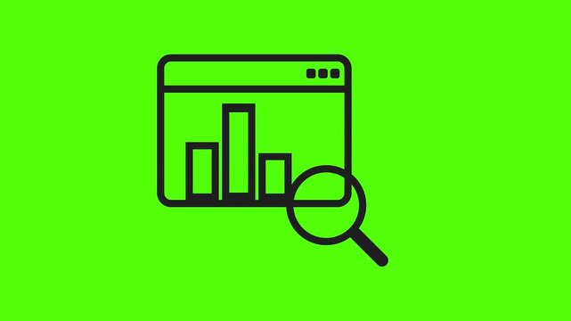 Data Analysis Icon on Green Background: This vector graphic illustrates the concept of data analysis, presenting a bar graph within a browser window, scrutinized by a magnifying glass.