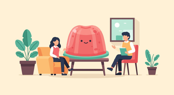 Two people conversing in a room with a large, happy jelly and plants