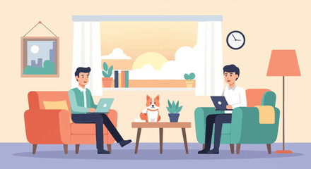 Two men and dog working remotely in a cozy living room at sunset