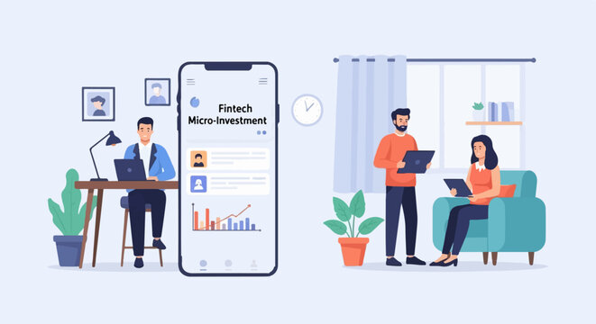 Two people engage with digital finance apps on their devices in separate settings
