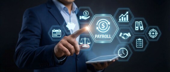 Businessman interacting with digital payroll system on futuristic virtual interface to manage finances