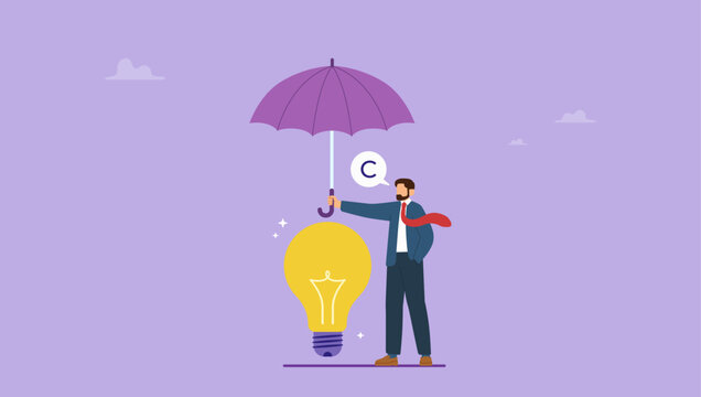 Businessman covering lightbulbs with umbrella. Legal protection of creative ideas, copyright law protecting inventions concept. Flat vector illustration.