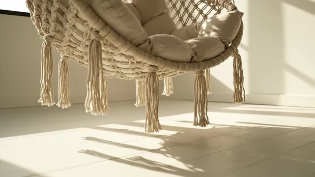 Hanging macrame chair with pillows in bright room with sunlight, comfortable interior design and lifestyle concept.