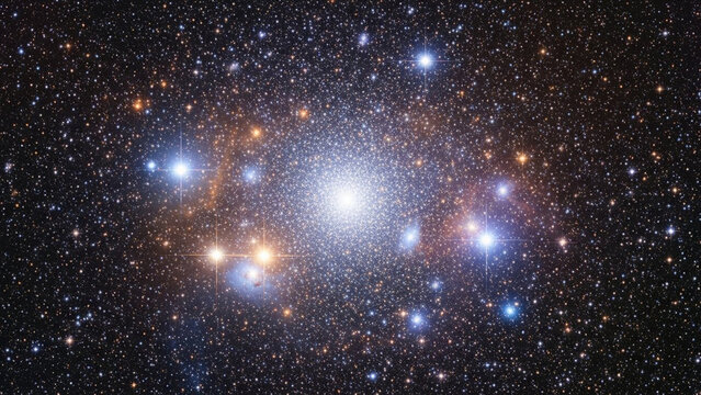 Globular cluster g1: a vast sphere of sparkling blue and gold stars, tightly bound by gravity, shining brightly in the dark expanse of space