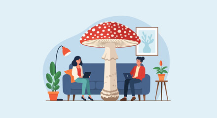Naklejka premium Two people sitting on a couch with a giant mushroom and plants in a room