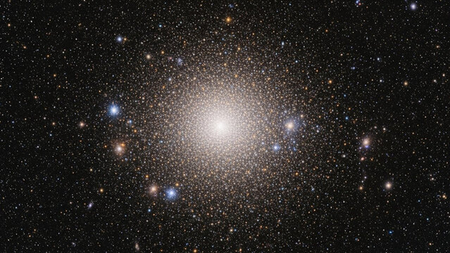 Globular cluster omega centauri in a dark black space, showcasing a dense collection of twinkling white, golden, and blue stars.