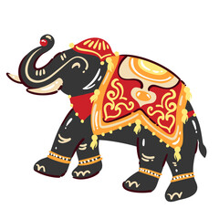 Fototapeta premium Indian elephant icon. Decorated elephant with ornate blanket, tassels, patterns, curved trunk, traditional cultural detail. Elephant travel symbol, cartoon doodle vector illustration.