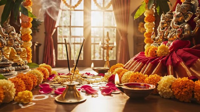 Colorful Diwali decoration with traditional lamps, flowers, and idols in sunlight. Diwali celebration features intricate arrangements of marigold flowers and lighted lamps shining radiantly.