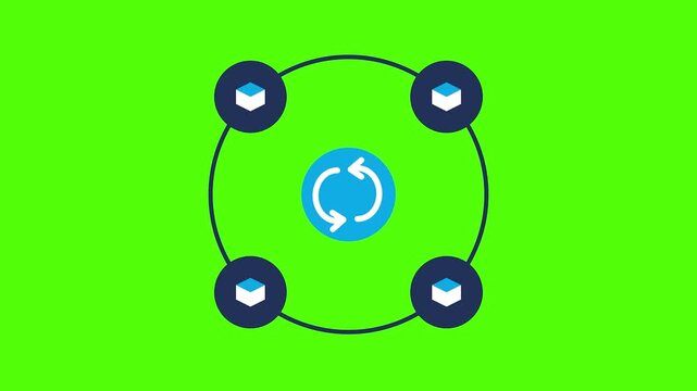 Digital Circle of Data: A symbolic graphic of a data exchange, with four digital components in a circular array around a central, rotating icon. The image embodies the essence of interconnectedness.