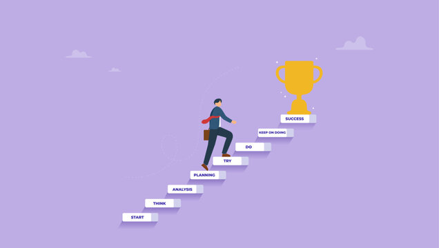 Businessman climbs the ladder with a series of stages towards success. Small step lead to success, the way to achieve big goal, step by step journey to reach achievement with small step.