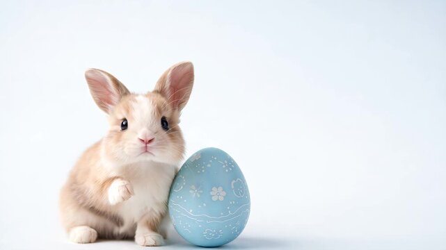 Small bunny sitting beside large blue Easter egg on light background, minimal spring holiday scene, cute animal moment, festive decoration, Easter.