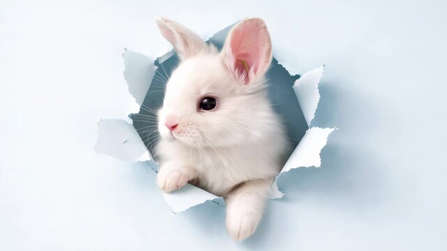 White bunny breaking through paper on light background, playful spring concept, cute animal portrait, minimal holiday idea, Easter.