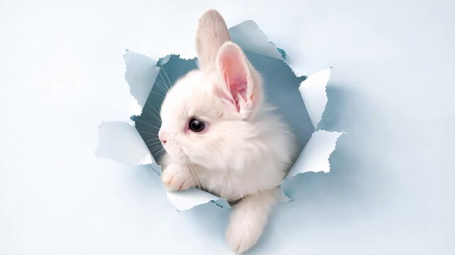 White bunny breaking through paper with closed eyes on light background, playful spring concept, cute animal portrait, minimal holiday idea, Easter.