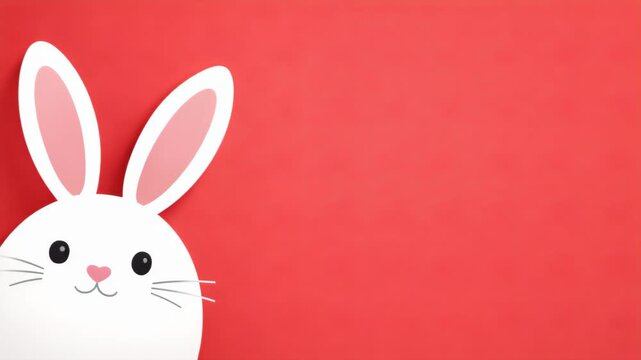 Cute illustrated bunny face on red background, playful spring holiday graphic, minimal seasonal design, Easter.