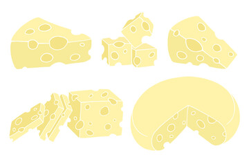 A set of delicious cheese slices, slices of a healthy dairy product. Vector graphics.