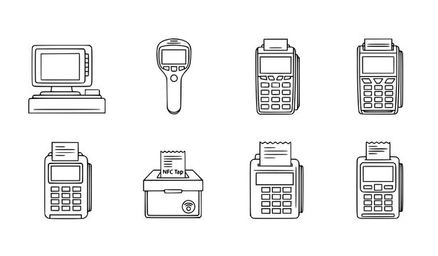 Title 3
Minimal line payment terminal icons with POS card reader and contactless cashless transaction symbols isolated on white