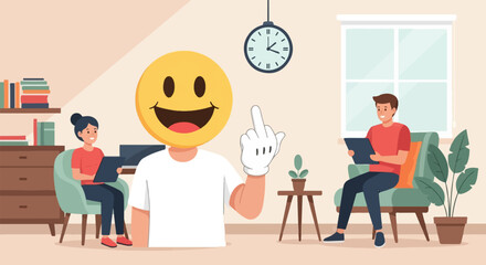 Two people work in an office while a third holds up a middle finger emoji