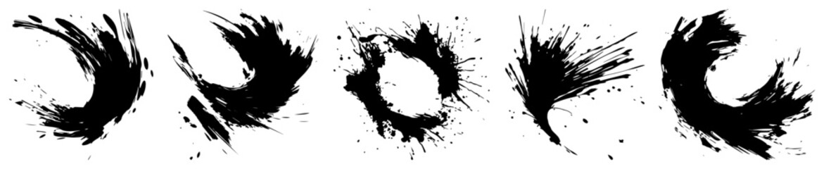 Obraz premium Abstract black ink splatters and brush strokes set, dynamic paint splash silhouettes, artistic liquid drops for creative design elements