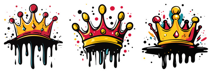 Colorful graffiti crown icons set with dripping paint, urban street art style royal symbols, vibrant crown logo elements, vector illustration © Luka