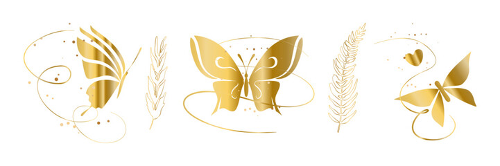 Luxury Gold Butterfly and Fern Line Art Elegant Botanical Set. Elegant gold butterflies with fern elements in minimal line art style for luxury branding and wedding designs.