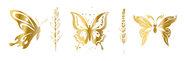 Gold Butterfly Silhouettes with Botanical Accents Elegant Set. Elegant gold butterfly silhouettes combined with fine botanical details for premium packaging, posters, and luxury branding.
