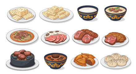 Classic Mongolian Meals Served on Plates and Bowls