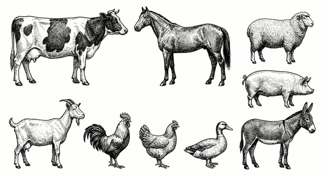 Farm Animals in Black and White.