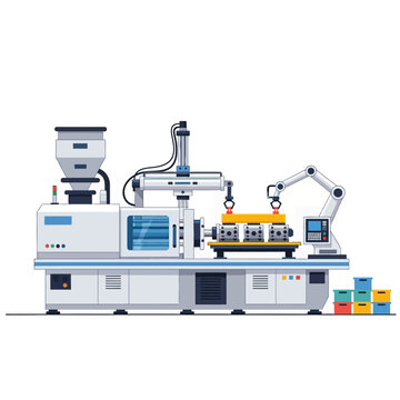 Automated Injection Molding Machine with Robotic Arm in Manufacturing Factory