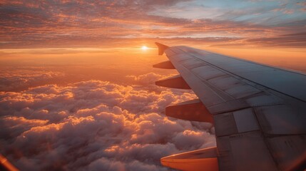 Obraz premium The wing of an airplane soaring through clouds during a breathtaking sunset
