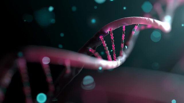Glowing DNA Strand Close Up with Neon Bokeh