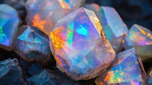 Close-up of iridescent opalite crystals reflecting rainbow light, macro photography.