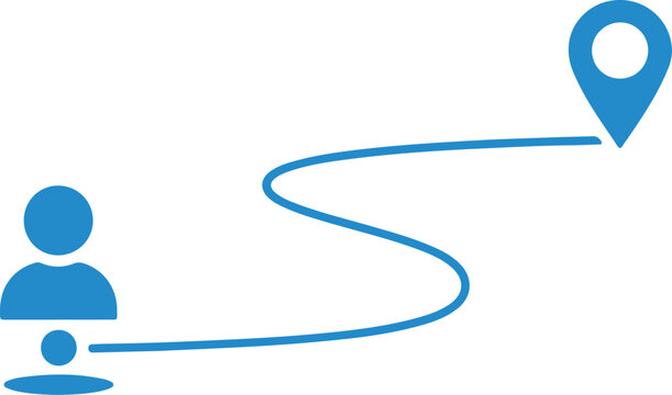A blue icon depicting a person s journey or route to a destination point