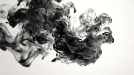 A black smoke cloud swirls against a white background in a dramatic display