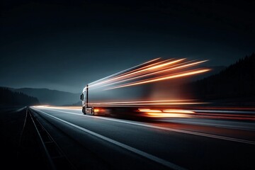 Obraz premium Fast truck driving on highway at night with blurred lights and dark surroundings