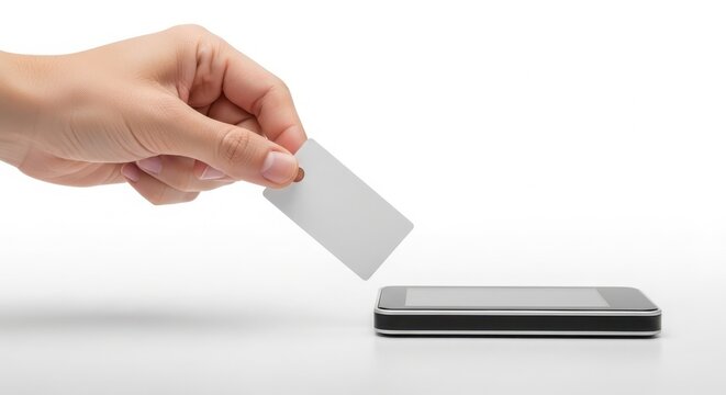 Hand inserting white card into black card reader device modern technology close-up minimalist clean background