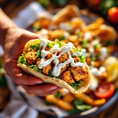 Hand holding grilled chicken taco with lettuce and creamy sauce, fresh vegetables in background